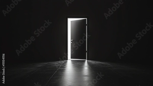 Fototapeta A door in a dark room is open, revealing bright light behind it.