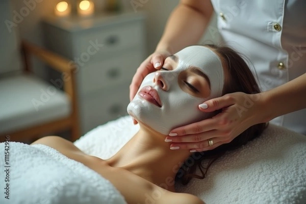Fototapeta A woman is enjoying a facial treatment at a serene spa. A therapist gently applies a mask while the soft lighting creates a relaxing atmosphere.