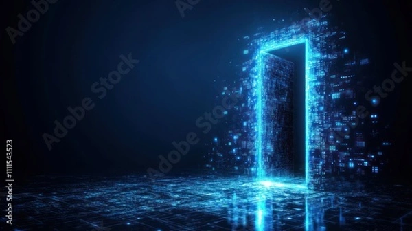 Fototapeta Digital doorway surrounded by glowing data particles