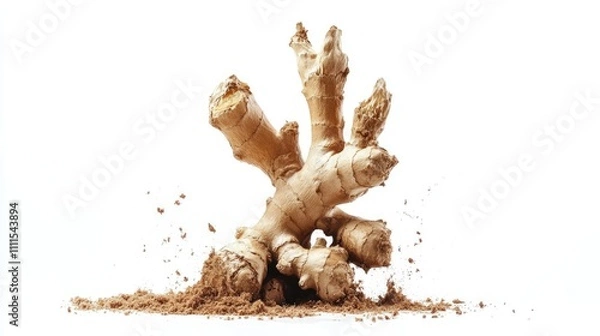 Fototapeta A fresh ginger root with loose soil, highlighting its natural texture and form.