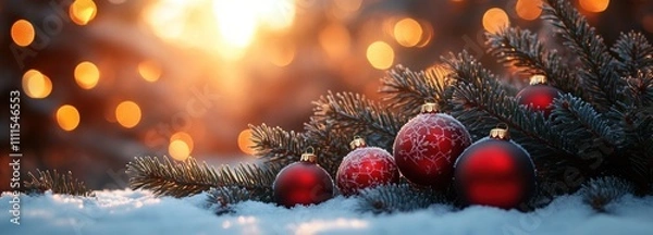 Fototapeta Cozy Christmas Scene with Snow Covered Pine Branches Red Ornaments Warm Bokeh Lights Winter Sunset