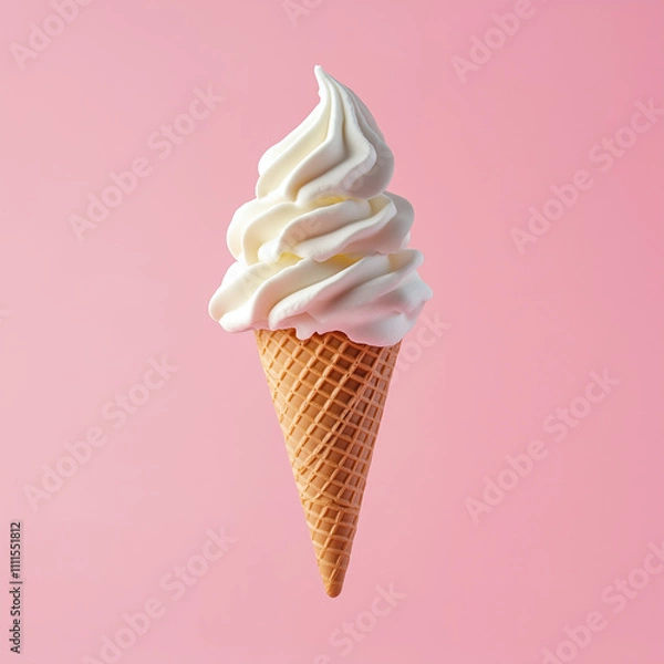 Fototapeta Creamy vanilla soft serve ice cream cone isolated on a pink background