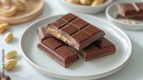 Fototapeta A plate of chocolate bars with peanut filling, surrounded by peanuts and snacks.