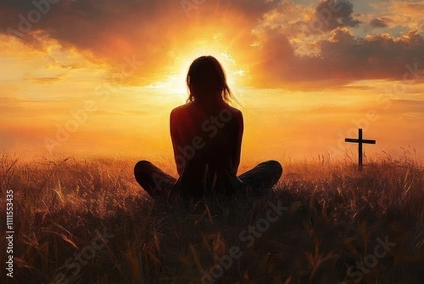 Fototapeta Silhouette of a woman praying on grass in front of a cross at sunset with dramatic halo effect