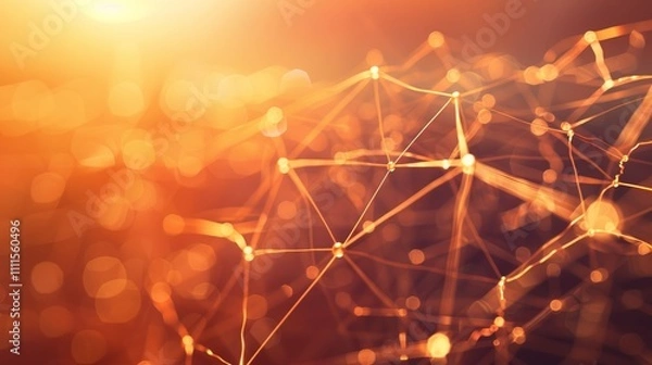 Fototapeta Abstract network mesh glowing warmly in sunlight, connecting points of light, symbolizing communication and technology