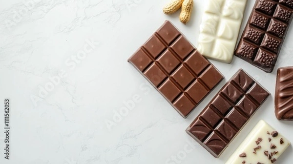 Obraz An assortment of chocolate bars arranged on a marble surface with peanuts.