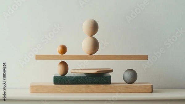 Fototapeta A balanced stack of wooden spheres, a wooden board, a green marble slab, and a gray sphere.