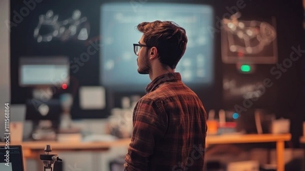 Fototapeta Young man exploring data science innovation trends in technology workshops