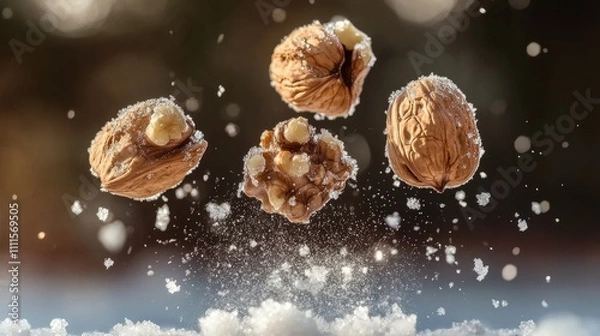 Fototapeta Nuts floating above snow, creating a whimsical winter scene.