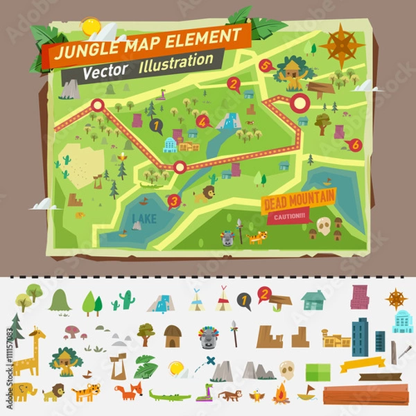 Fototapeta jungle map with graphic elements - vector