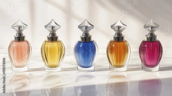 Fototapeta Colorful Perfume Bottles Displayed on a Light Background