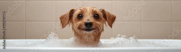 Fototapeta A happy dog enjoys a bubble bath, peeking over the edge of a tub with a cheerful expression.