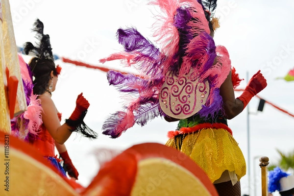 Obraz Back view photo of carnaval queen at carnival parade with colorful feathers. 
