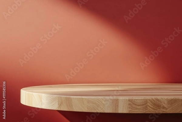 Fototapeta Empty modern wooden table top with a pastel red background for product display presentation, a wood counter in kitchen interior design. Mock-up template. Panoramic view