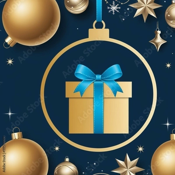Obraz "Festive Christmas ornament design with a golden gift box tied with a blue ribbon inside a silhouette of a Christmas ball. The background is a deep blue color with decorative elements like metallic ba