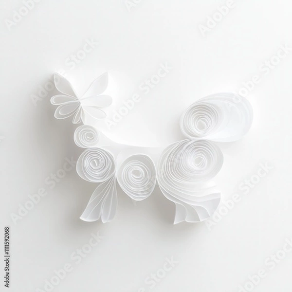 Fototapeta A delicate white paper quilling design featuring floral shapes and a butterfly, showcasing intricate craftsmanship and elegance.