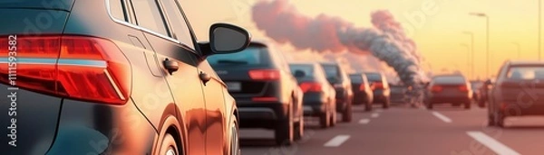 Fototapeta Car emitting exhaust in a traffic jam under a smogfilled sky, symbolizing the environmental impact of urban transportation