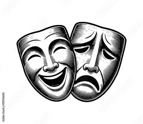 Obraz two theater mask sad and happy engraving black and white outline