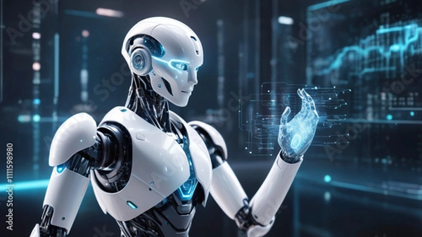 Fototapeta Futuristic Robot Analyzing Digital Interface in Modern Technology Environment.