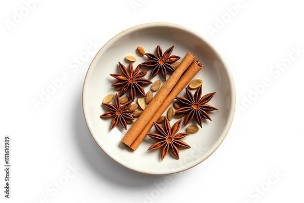 Fototapeta A bowl contains fragrant spices including star anise, cinnamon sticks, and cardamom seeds, creating an appealing and aromatic display for culinary inspiration or decoration.