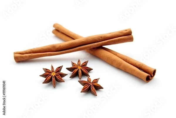 Fototapeta Cinnamon sticks and star anise are displayed on a white background. These spices are commonly used in cooking and baking, adding rich flavors and aromas.