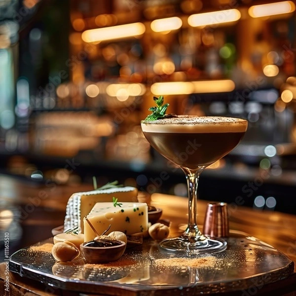 Fototapeta Espresso martini cocktail with cheese and nuts on bar.
