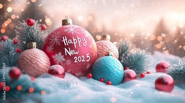 Fototapeta Festive New Year's Ornaments on Snowy Ground with "Happy New 2025" Message