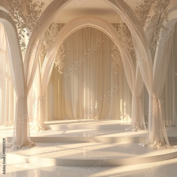 Obraz Elegant white arched interior with sheer curtains and raised platform.