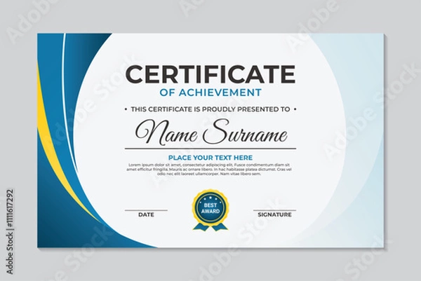 Fototapeta Elegant blue and yellow modern achievement certificate design template