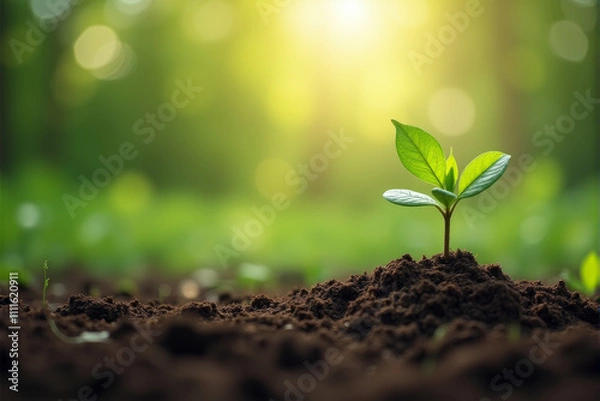 Obraz A single seedling emerges from rich soil, bathed in the warm glow of the morning sun. It symbolizes growth, new beginnings, and the potential for life.