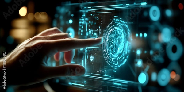Fototapeta Person interacting with futuristic digital world map interface display.