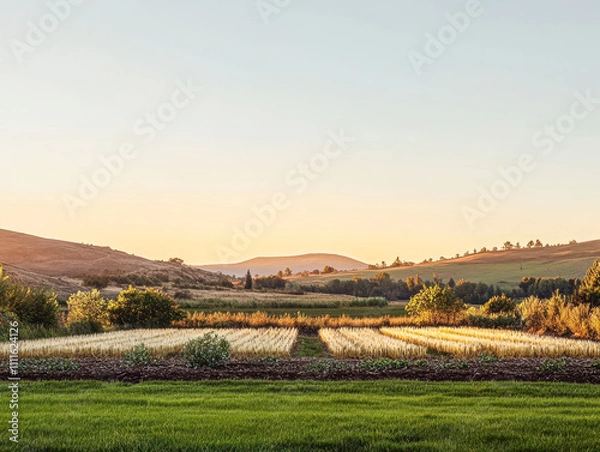 Fototapeta Sunset over expansive fields with rolling hills in the background