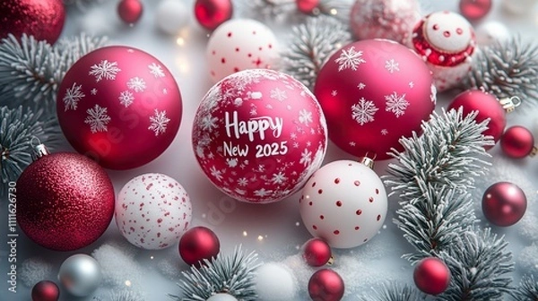 Obraz Festive Christmas Ornament Display with Happy New 2025 Message