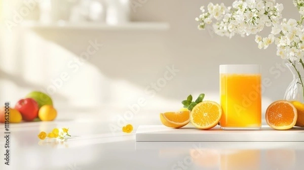 Fototapeta A vibrant juice box on a white table, surrounded by fresh fruit slices and a vase of flowers in a cheerful kitchen setting.