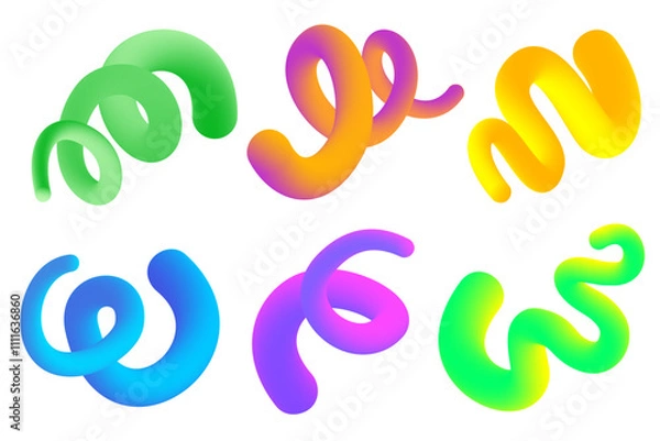 Fototapeta 3D gradient swirl shapes. Abstract gradient wavy shapes on white background. Vector spiral blend graphic dynamic elements. Bright neon organic strokes with color gradation.