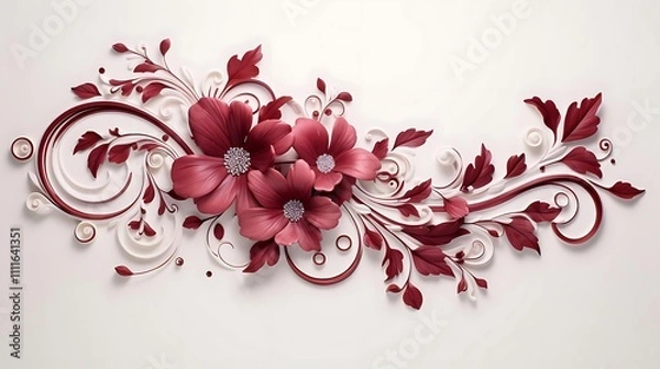 Obraz Elegant maroon paper flowers and swirls on white background.