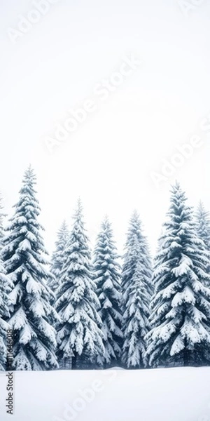 Fototapeta Snow-covered fir trees standing tall in a winter wonderland, with soft snowflakes gently falling from the sky, serene