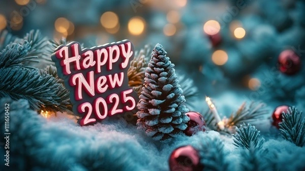 Obraz close-up Festive New Year's Scene with "Happy New 2025" Sign on a Christmas tree