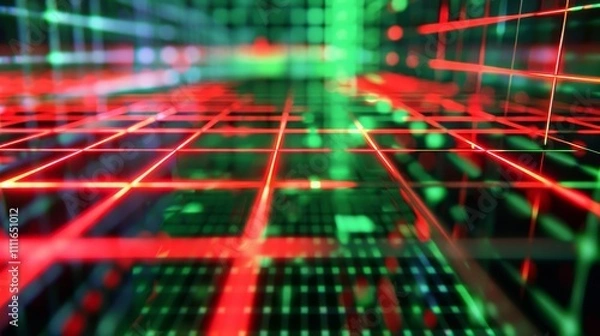 Fototapeta Red and green glowing lines forming a grid with binary code data stream flowing on futuristic cyberspace network