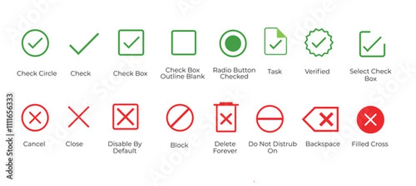 Fototapeta Check and tick button Icons, set of green and red check box with name.  vector symbol on transparent background