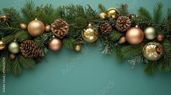 Fototapeta Festive Christmas Garland with Pine Cones and Ornaments on Teal Background 