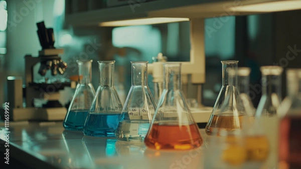 Fototapeta Laboratory equipment during chemical or medical science experiment. Glass beakers and flasks with colorful liquids , pipes and microscope on table. Lab room research glassware and materials.