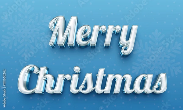 Fototapeta Merry Christmas greeting,  3d sparkling text with light blue snowflakes background.