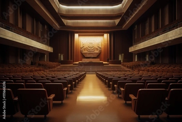 Fototapeta A large auditorium with rows of chairs and a large statue in the middle