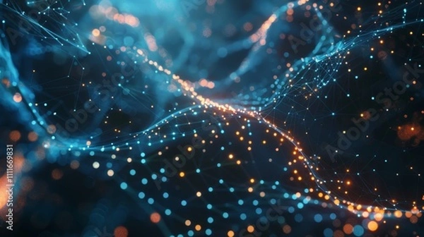 Fototapeta Mesmerizing digital network glows with orange and blue lights, symbolizing data flow and innovation in the modern world
