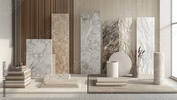 Fototapeta Elegant Minimalist Interior Design with Natural Stone Textures and Neutral Tones, Showcase of Various Marble and Stone Slabs in a Modern Setting