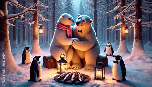 Obraz Illustration for Valentine's Day. A romantic candlelit dinner for two polar bears in love.