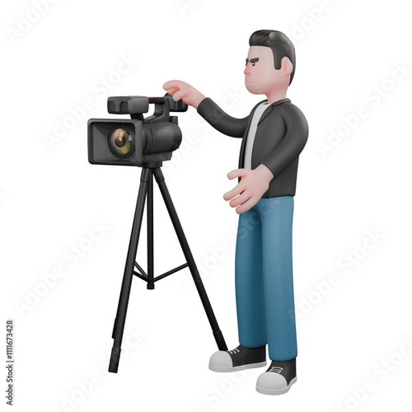 Fototapeta 3D Cartoon Cameraman Artwork in Creative Style. A Male Cameraman stands next to a cinema camera with his left hand pointing up . Illustration