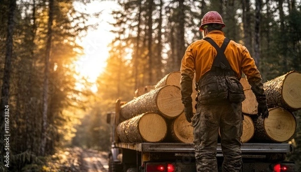 Obraz A lumber worker oversees a truck loaded with logs in a sunlit forest setting.