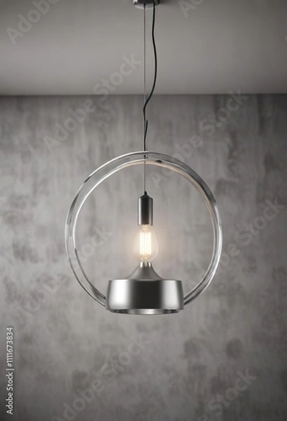 Fototapeta Modern silver metal pendant light in a semicircular shape hanging from the ceiling , decorative fixture, indoor lighting